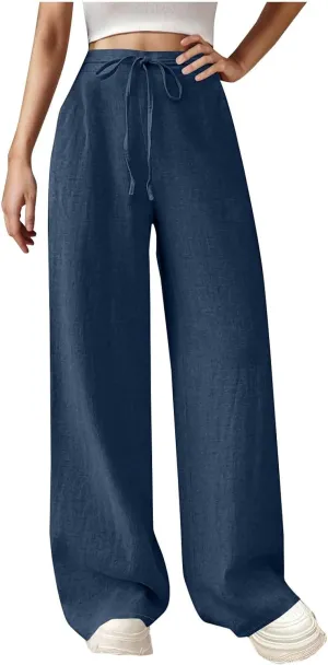 Womens Cotton Linen Wide Leg Pants Elastic High Waist Tie Knot Beach Casual Trousers Lightweight Straight Leg Pant