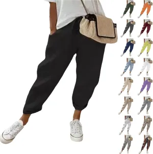 Womens Cropped Linen Pants Straight Leg Cotton Linen Pants Casual Summer Ankle Pants Lightweight Thin Beach Trousers