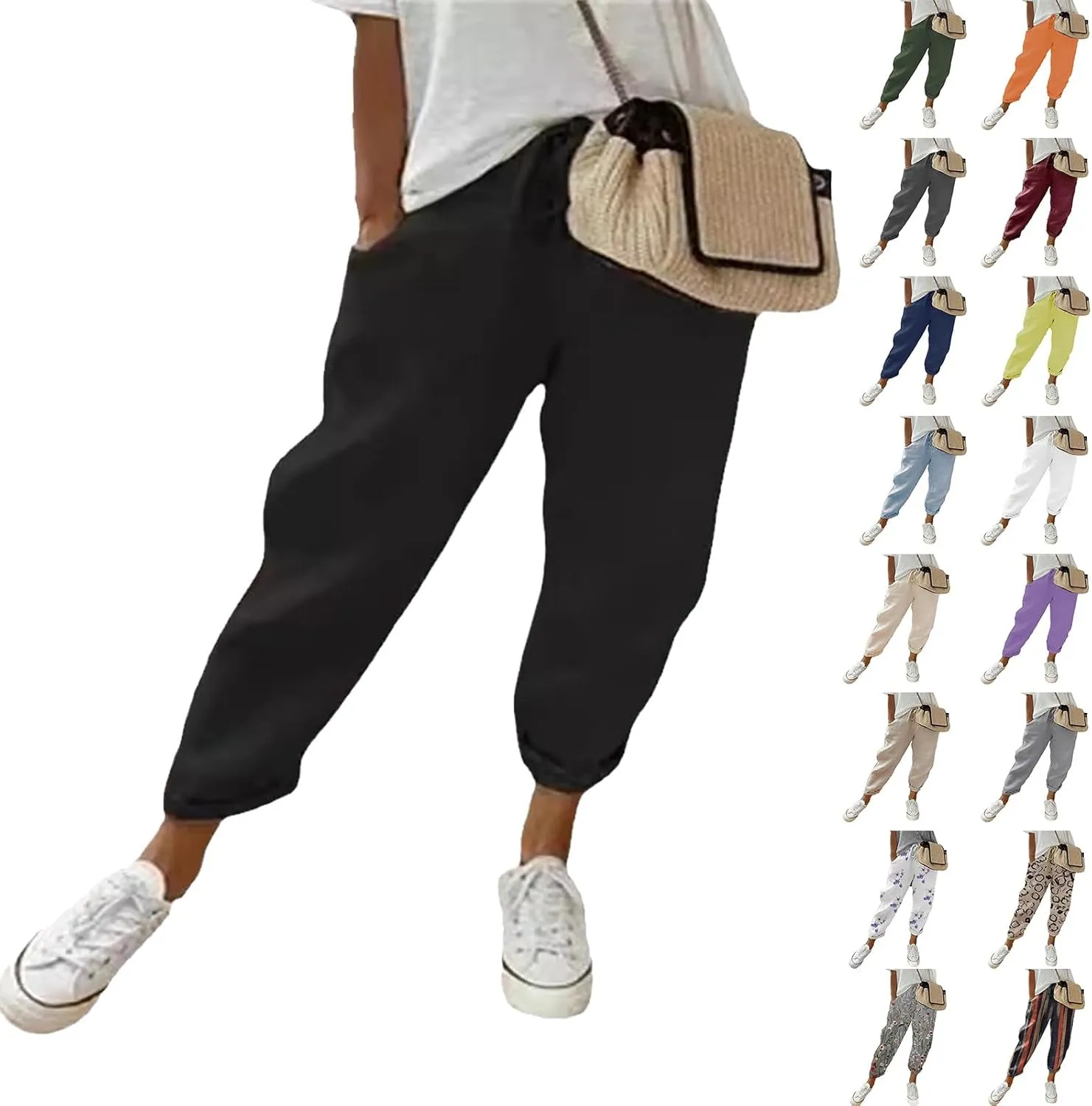Womens Cropped Linen Pants Straight Leg Cotton Linen Pants Casual Summer Ankle Pants Lightweight Thin Beach Trousers