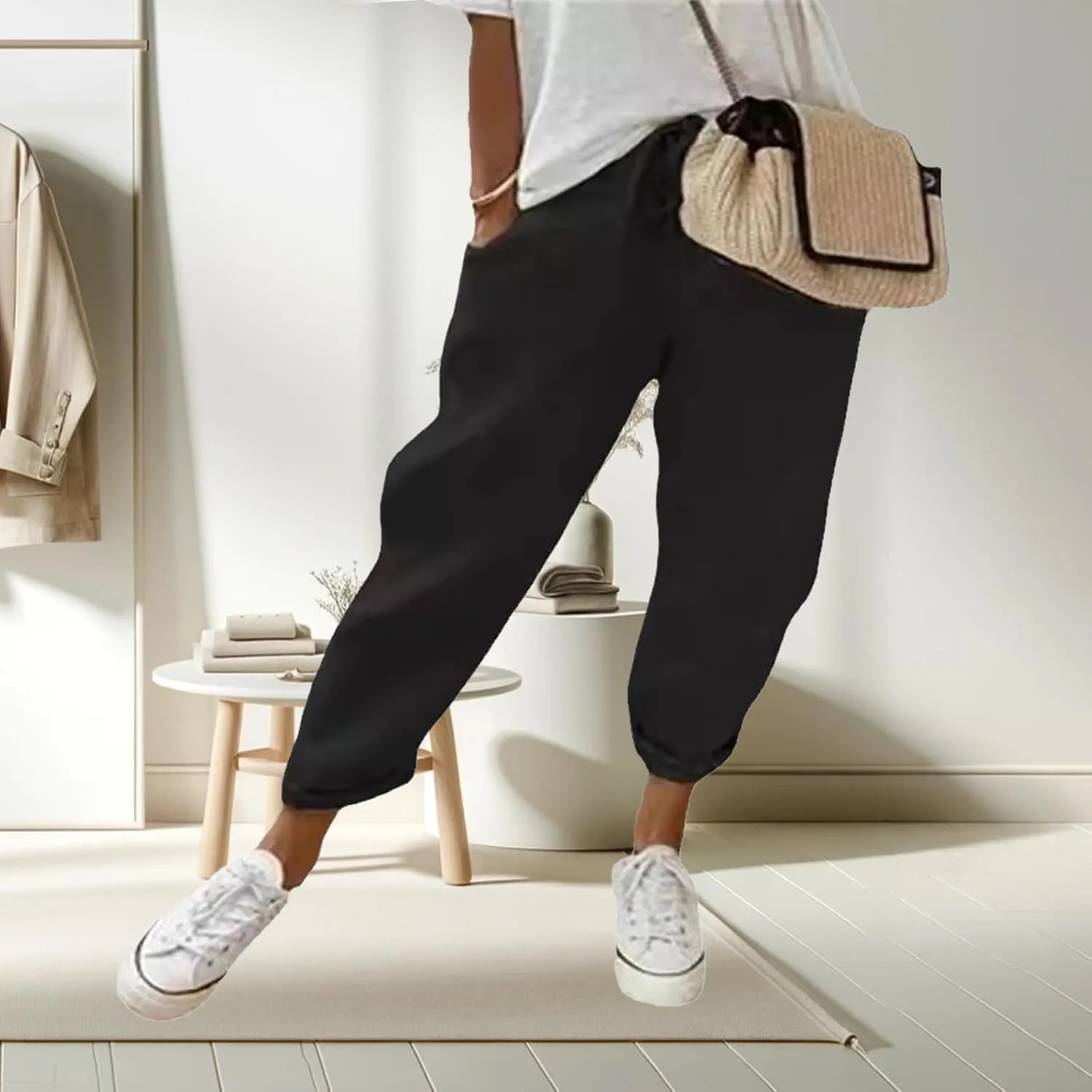 Womens Cropped Linen Pants Straight Leg Cotton Linen Pants Casual Summer Ankle Pants Lightweight Thin Beach Trousers