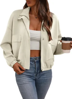 Women's Cropped Oversized Safari Jackets Zip Up Stand Collar Neck Long Sleeve Utility Anorak jacket with Pocket