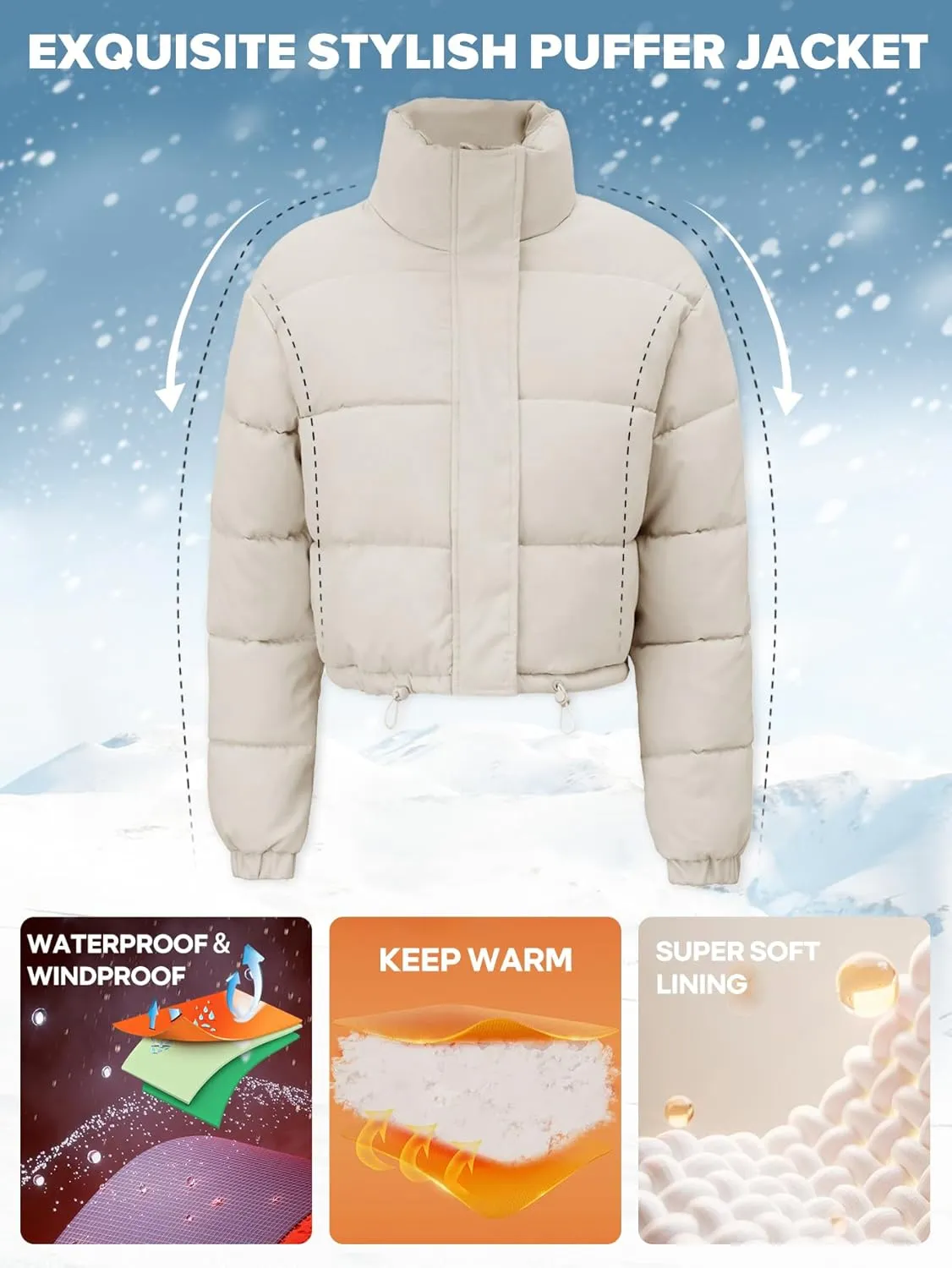 Women's Cropped Puffer Jacket Long Sleeve Puffy Coat Stand Collar Zip UP Quilted Padded Drawstring Outwear with Pockets