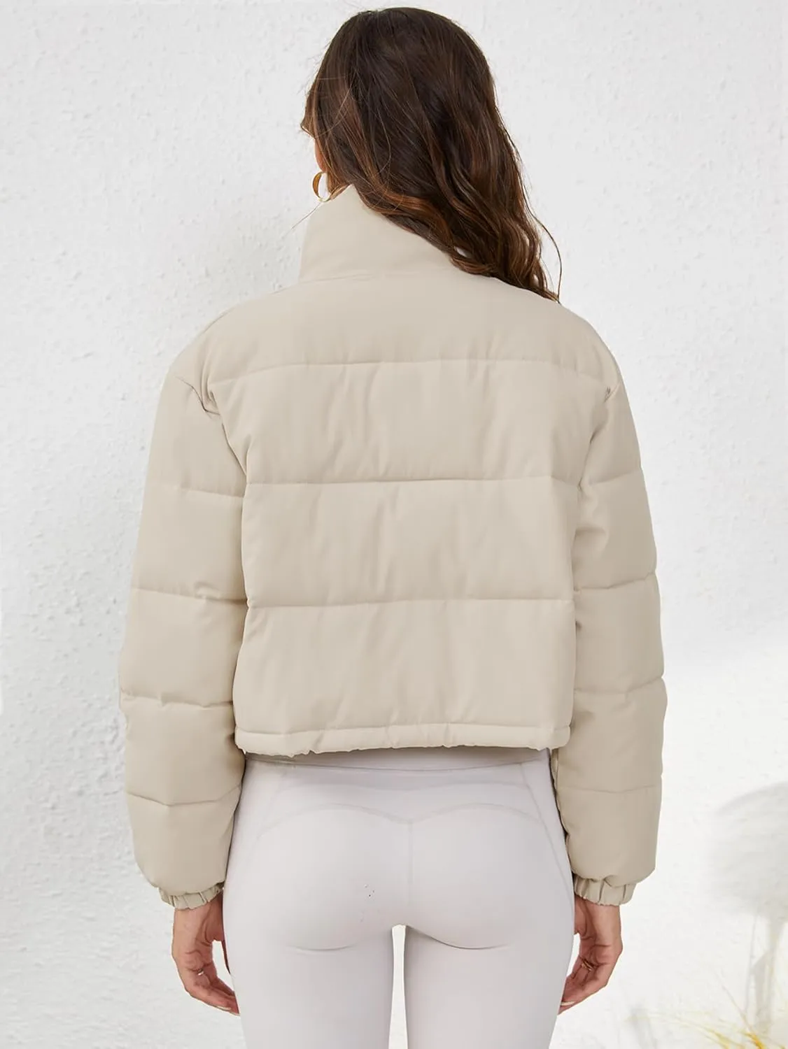 Women's Cropped Puffer Jacket Long Sleeve Puffy Coat Stand Collar Zip UP Quilted Padded Drawstring Outwear with Pockets