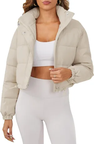 Women's Cropped Puffer Jacket Long Sleeve Puffy Coat Stand Collar Zip UP Quilted Padded Drawstring Outwear with Pockets