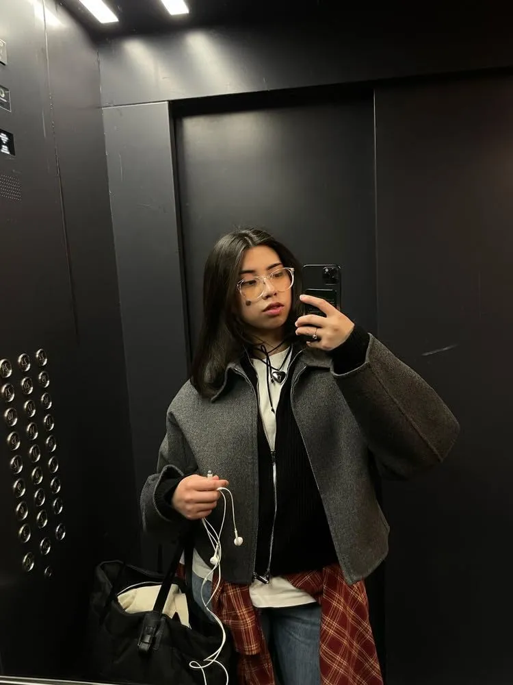 Womens Cropped Wool Jacket Warm Winter Fleece Bomber Jacket Zip Up Short Pea Coats with Pockets