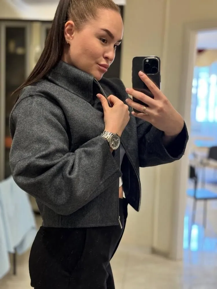 Womens Cropped Wool Jacket Warm Winter Fleece Bomber Jacket Zip Up Short Pea Coats with Pockets