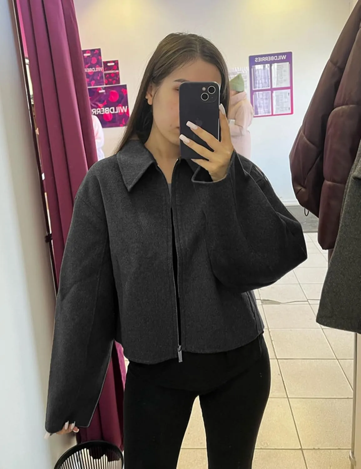 Womens Cropped Wool Jacket Warm Winter Fleece Bomber Jacket Zip Up Short Pea Coats with Pockets