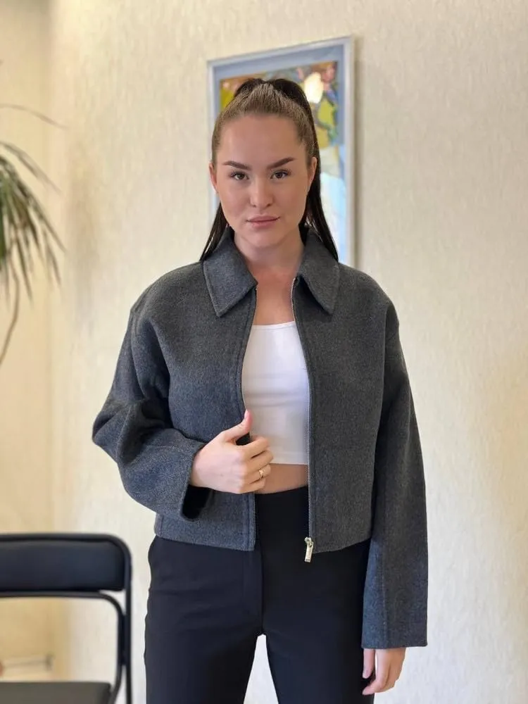 Womens Cropped Wool Jacket Warm Winter Fleece Bomber Jacket Zip Up Short Pea Coats with Pockets