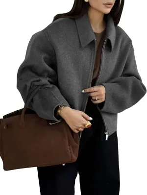 Womens Cropped Wool Jacket Warm Winter Fleece Bomber Jacket Zip Up Short Pea Coats with Pockets