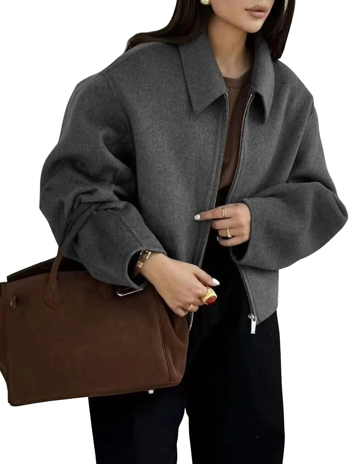 Womens Cropped Wool Jacket Warm Winter Fleece Bomber Jacket Zip Up Short Pea Coats with Pockets