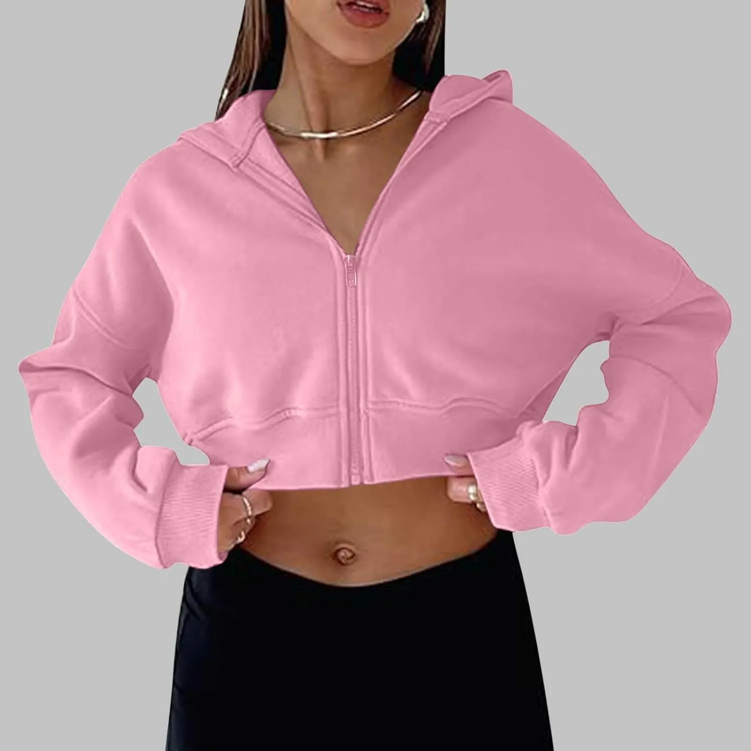 Women's Cute Pullover Half Zipper Cropped Sweatshirts, Winter Long Sleeve V Neck Knit, Fashion Hoodies Tops