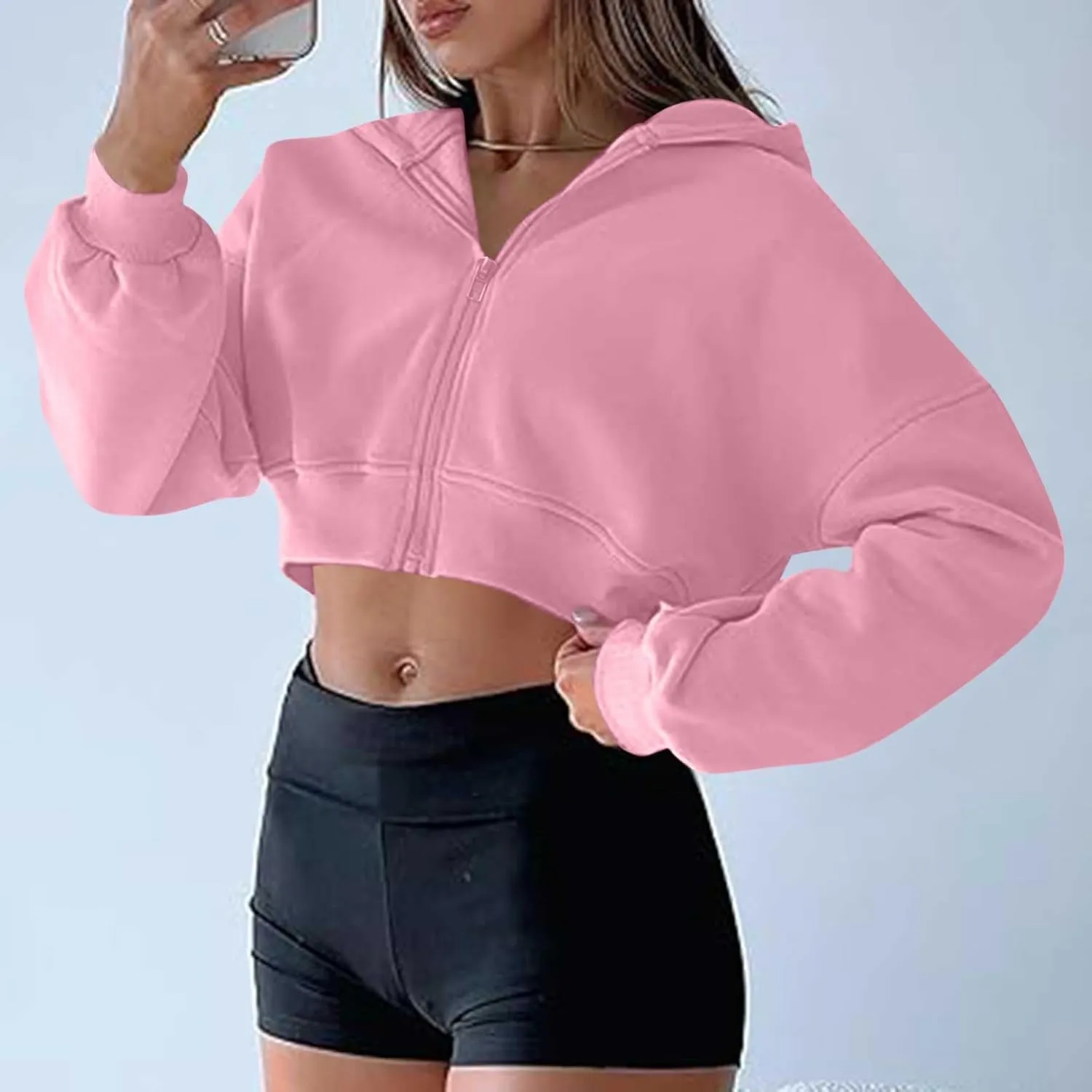 Women's Cute Pullover Half Zipper Cropped Sweatshirts, Winter Long Sleeve V Neck Knit, Fashion Hoodies Tops