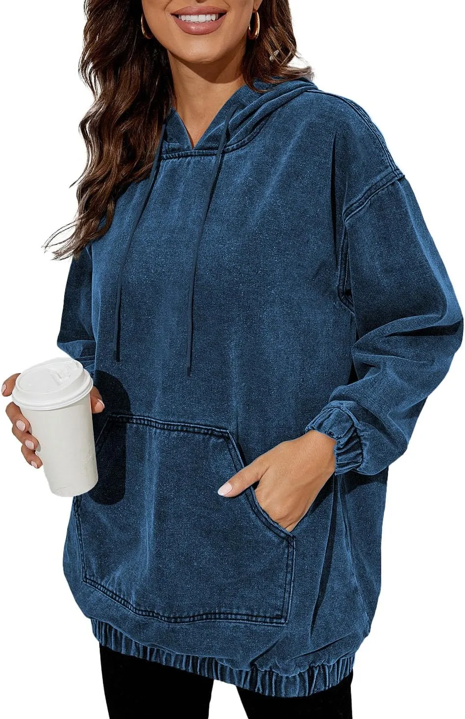 Women's Denim Hoodie Long Sleeve Pullover Sweatshirt Jean Jacket with Pocket
