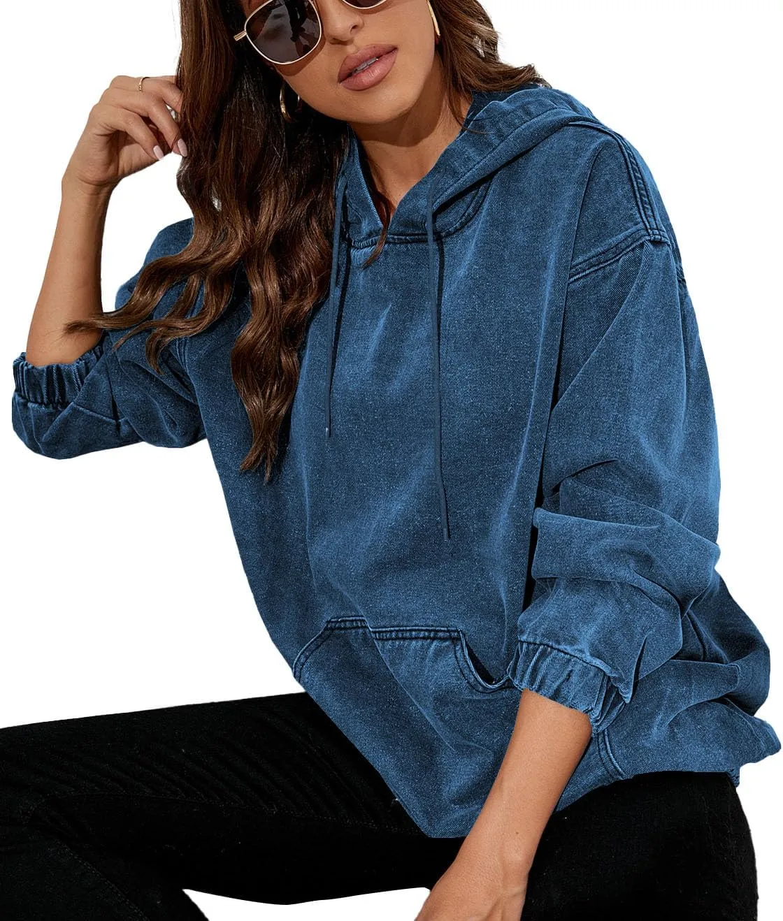 Women's Denim Hoodie Long Sleeve Pullover Sweatshirt Jean Jacket with Pocket
