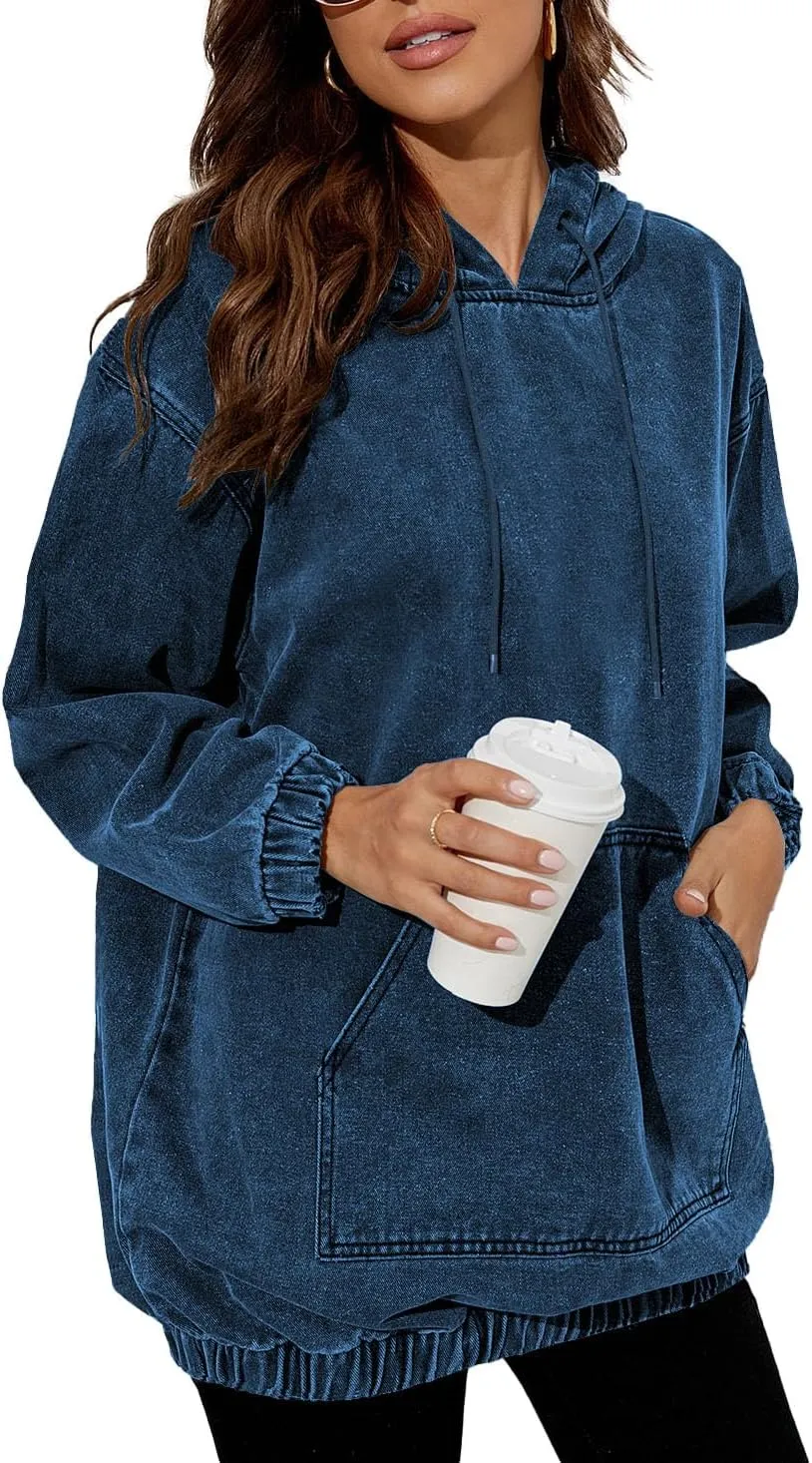 Women's Denim Hoodie Long Sleeve Pullover Sweatshirt Jean Jacket with Pocket