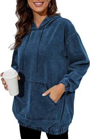 Women's Denim Hoodie Long Sleeve Pullover Sweatshirt Jean Jacket with Pocket