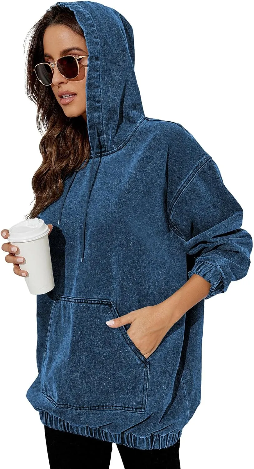 Women's Denim Hoodie Long Sleeve Pullover Sweatshirt Jean Jacket with Pocket