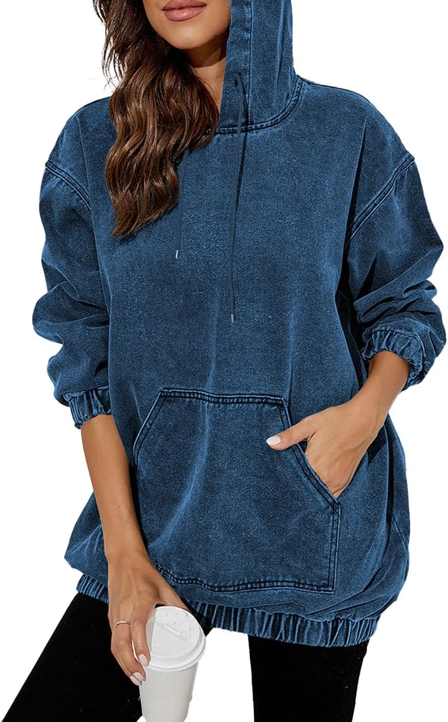 Women's Denim Hoodie Long Sleeve Pullover Sweatshirt Jean Jacket with Pocket