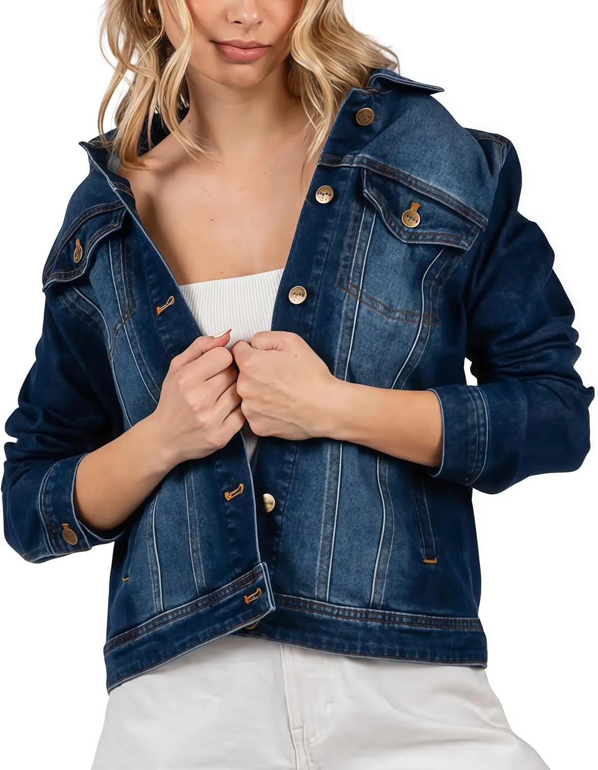 Women's Denim Jacket Classic Button Long Sleeve Denim Jacket with Pockets