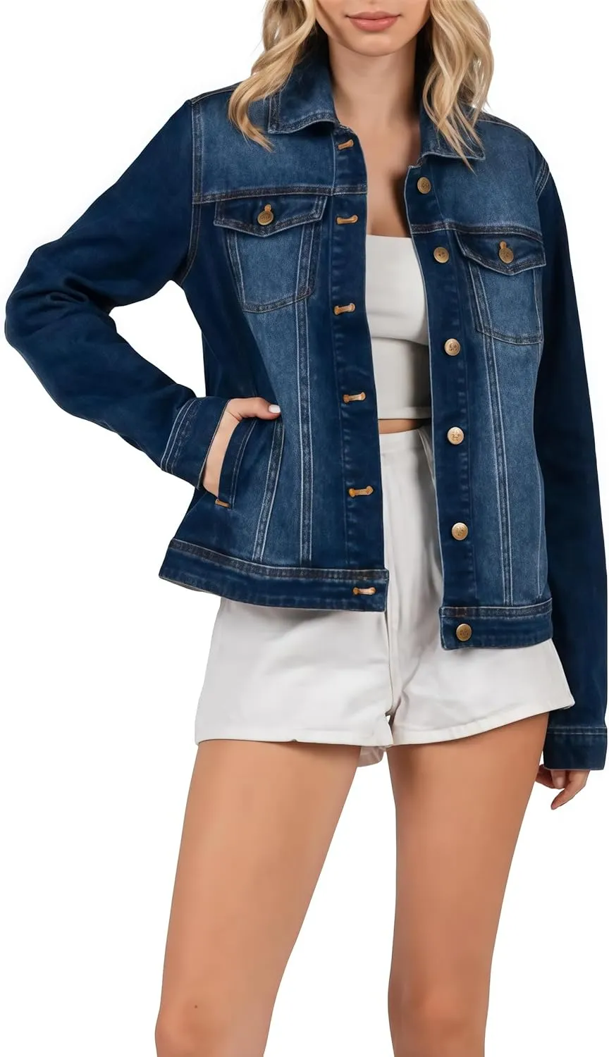 Women's Denim Jacket Classic Button Long Sleeve Denim Jacket with Pockets