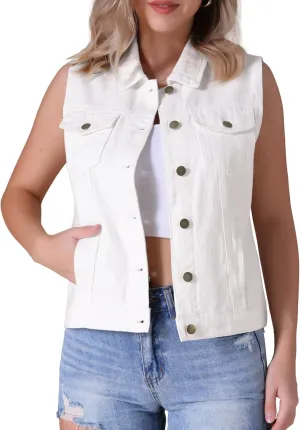Women's Denim Vest Button Down Jacket W Chest Flap Pockets Washed Distressed Sleeveless Jean Jacket