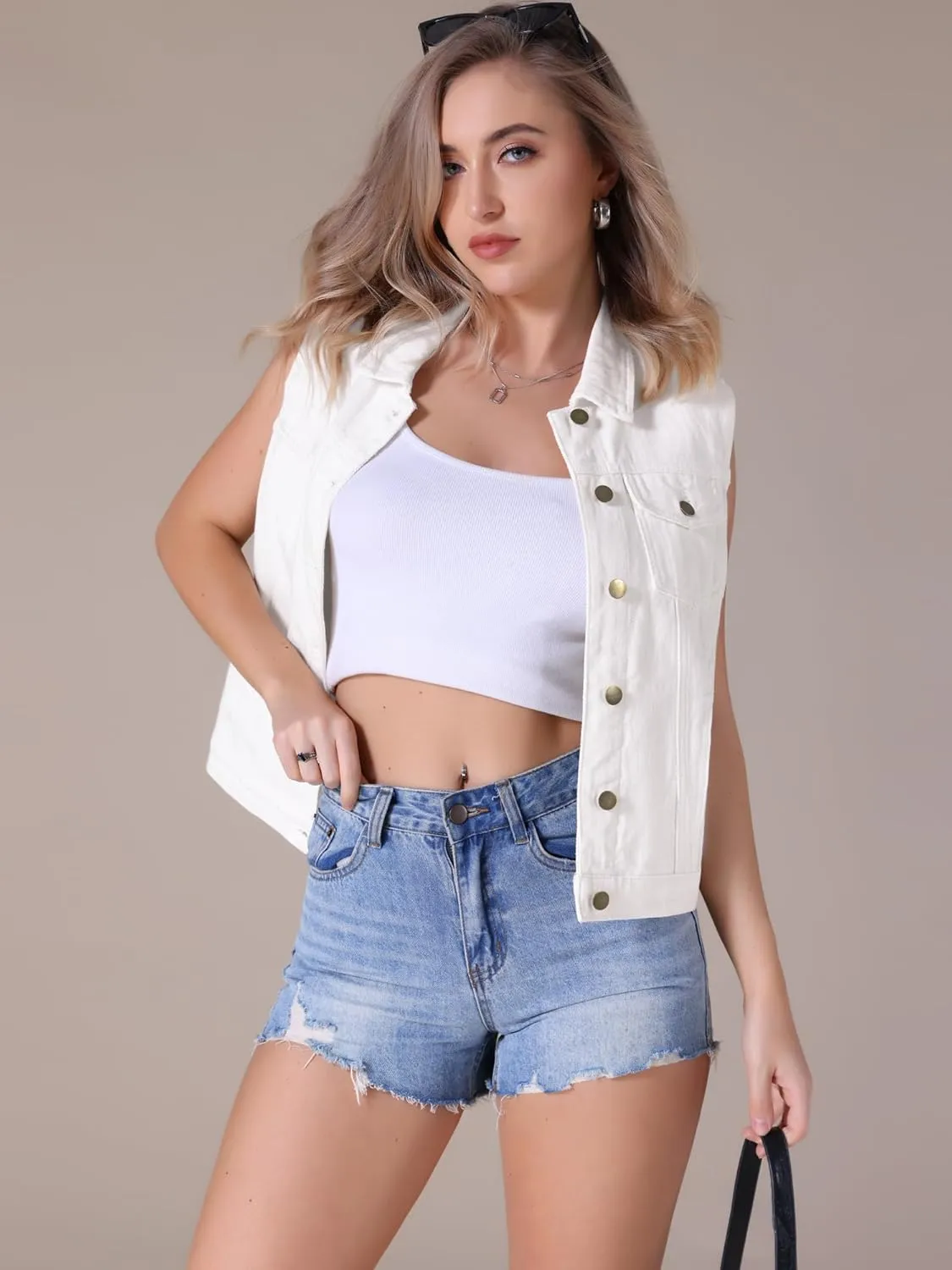 Women's Denim Vest Button Down Jacket W Chest Flap Pockets Washed Distressed Sleeveless Jean Jacket
