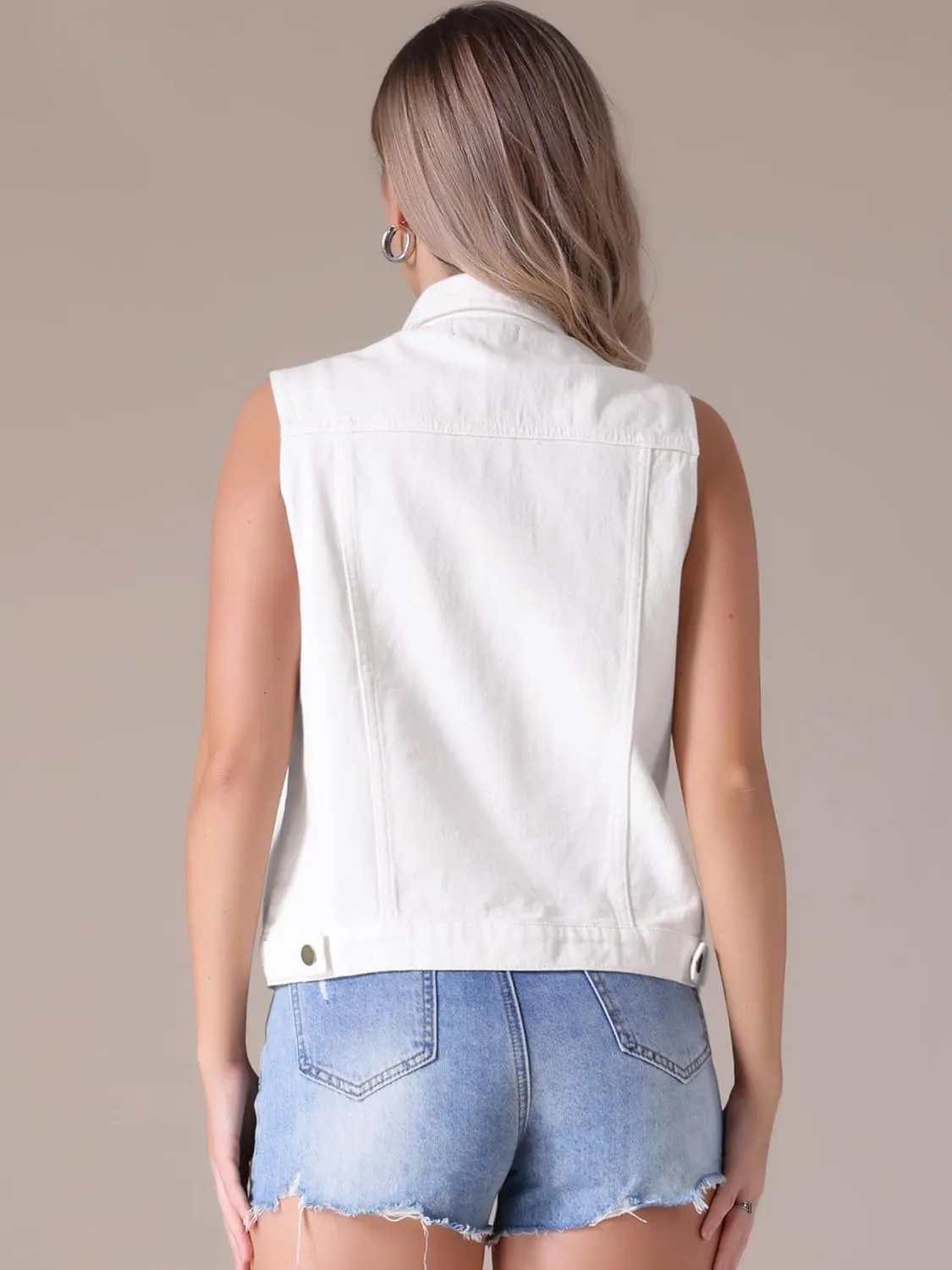 Women's Denim Vest Button Down Jacket W Chest Flap Pockets Washed Distressed Sleeveless Jean Jacket