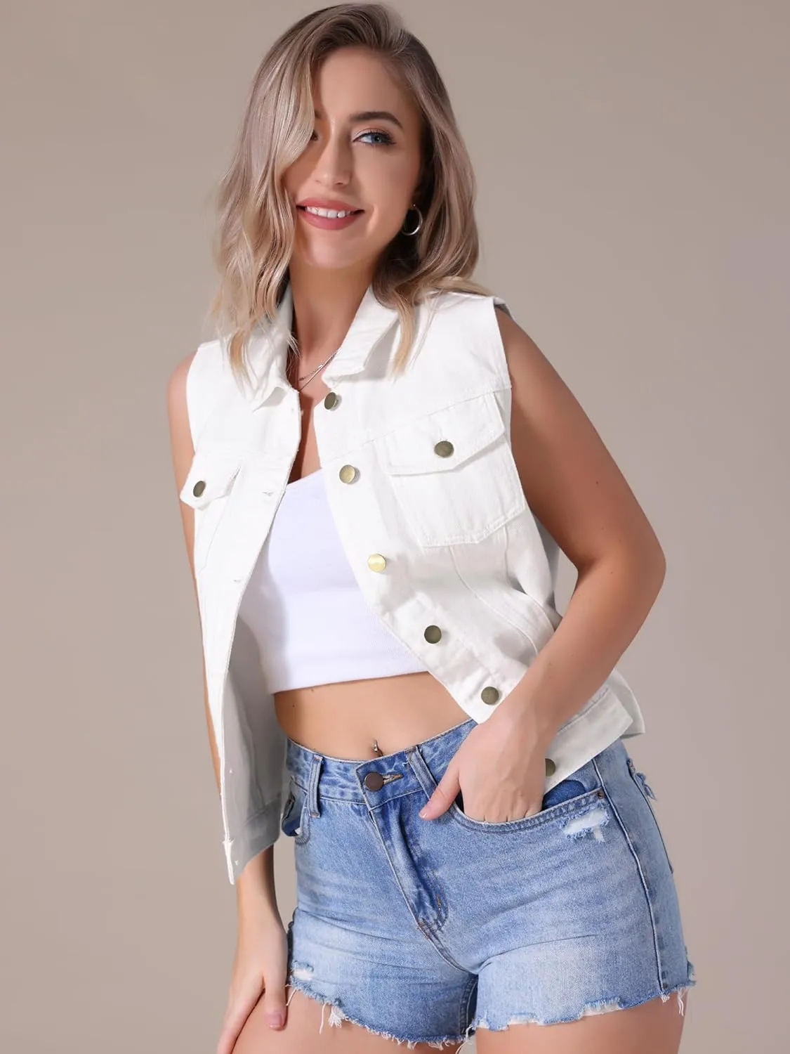 Women's Denim Vest Button Down Jacket W Chest Flap Pockets Washed Distressed Sleeveless Jean Jacket