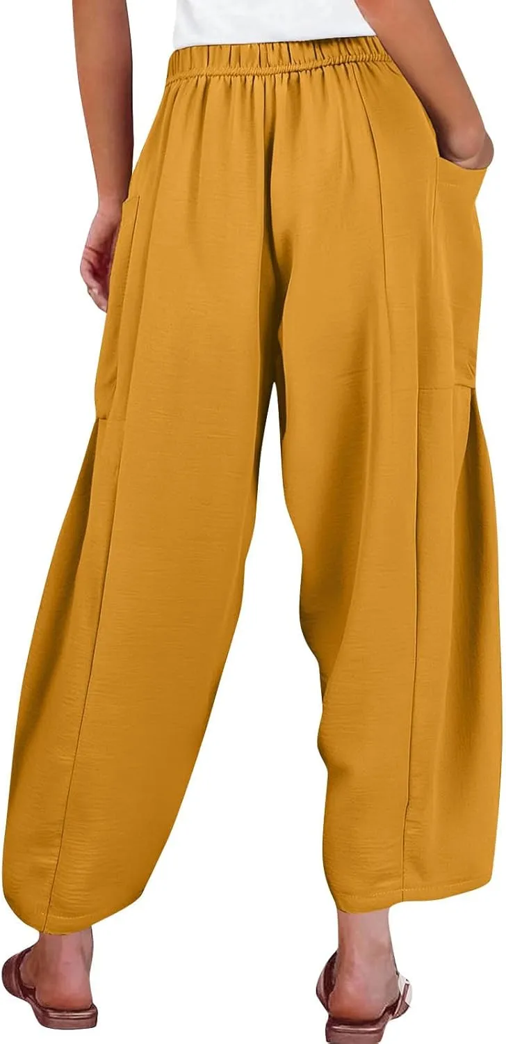 Womens Dress Pants Wide Leg High Waisted Drawstring Beach Pants Long Summer Loose Casual Flowy Palazzo Harem Trousers