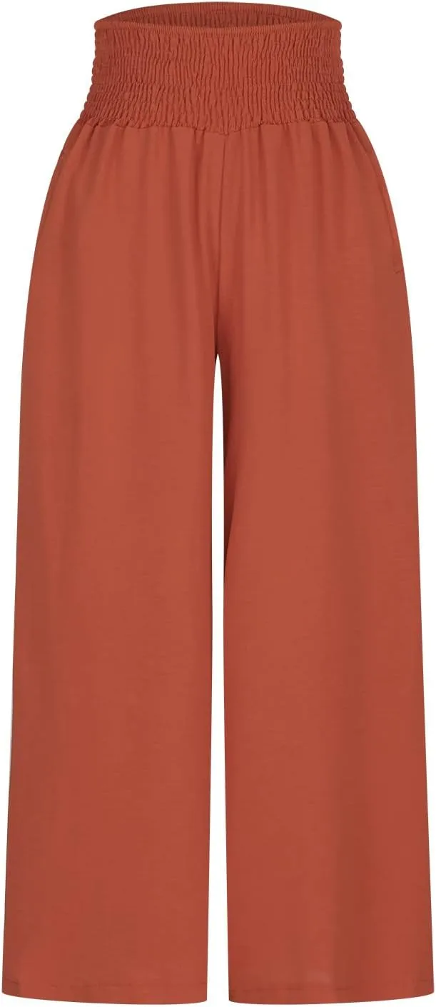 Women's Elastic High Waist Trousers Solid Color Wide Leg Flowy Sports Pants Casual Fashion Yoga Pants with Pockets
