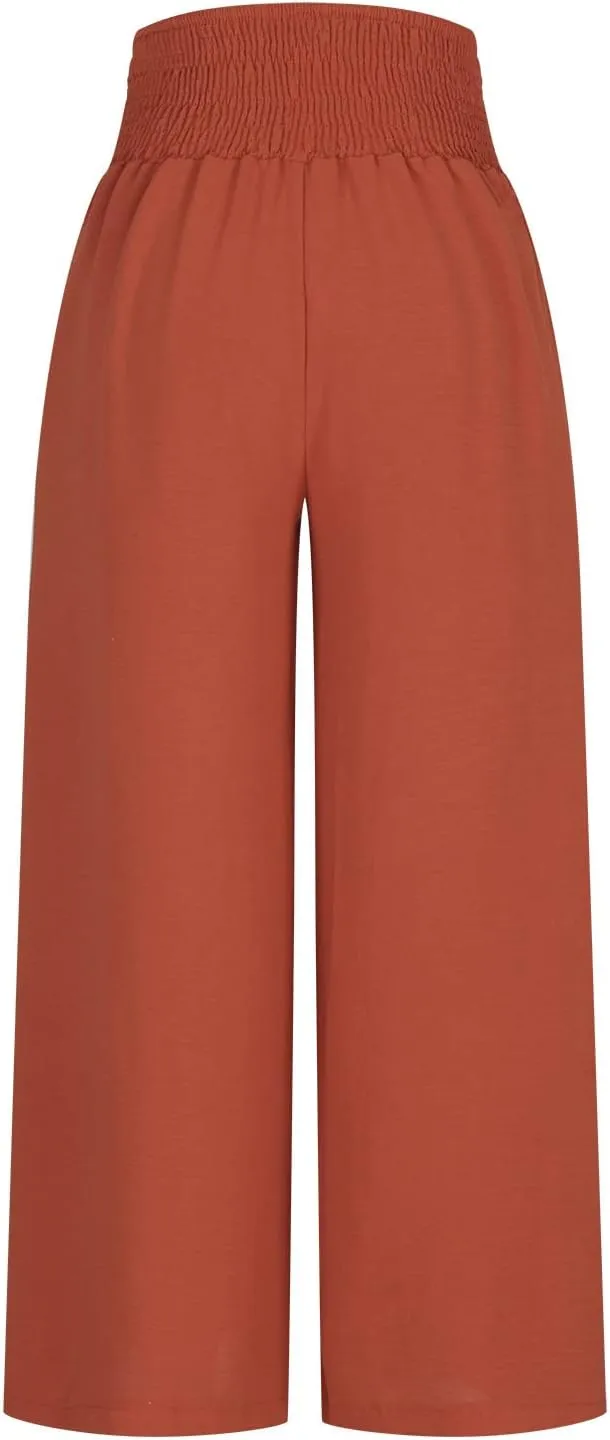 Women's Elastic High Waist Trousers Solid Color Wide Leg Flowy Sports Pants Casual Fashion Yoga Pants with Pockets