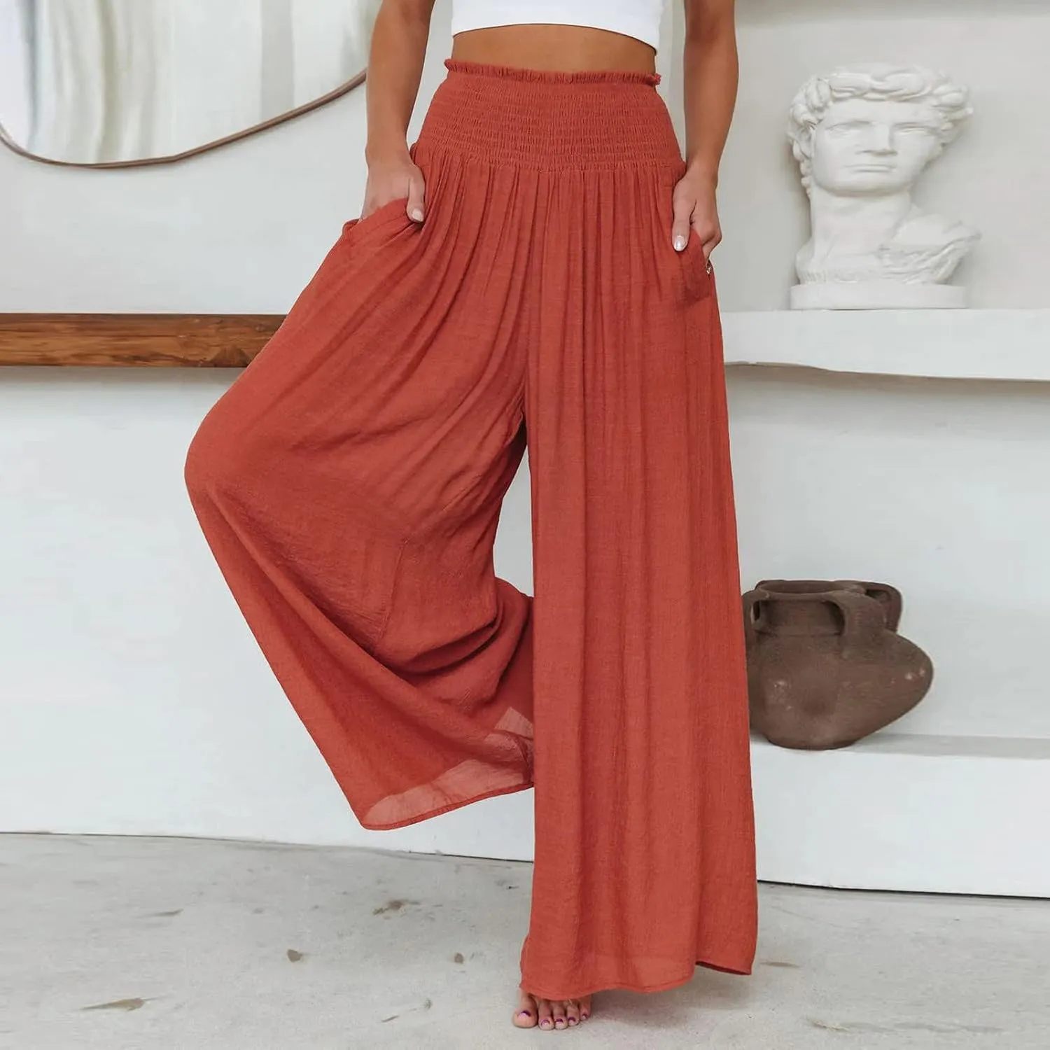 Women's Elastic High Waist Trousers Solid Color Wide Leg Flowy Sports Pants Casual Fashion Yoga Pants with Pockets
