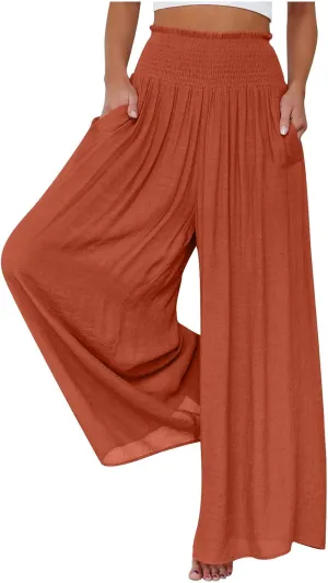 Women's Elastic High Waist Trousers Solid Color Wide Leg Flowy Sports Pants Casual Fashion Yoga Pants with Pockets
