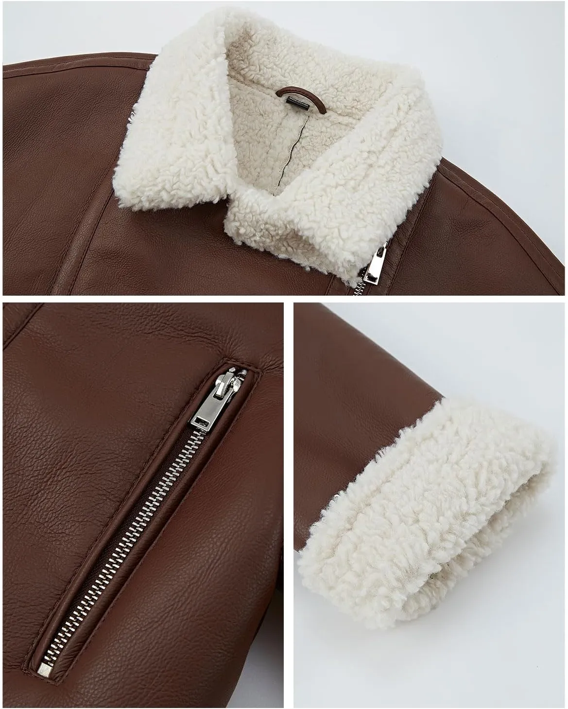 Women's Faux Shearing Moto Jacket Thick Fur Lined Coat Sherpa Leather Jacket