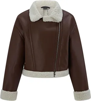 Women's Faux Shearing Moto Jacket Thick Fur Lined Coat Sherpa Leather Jacket
