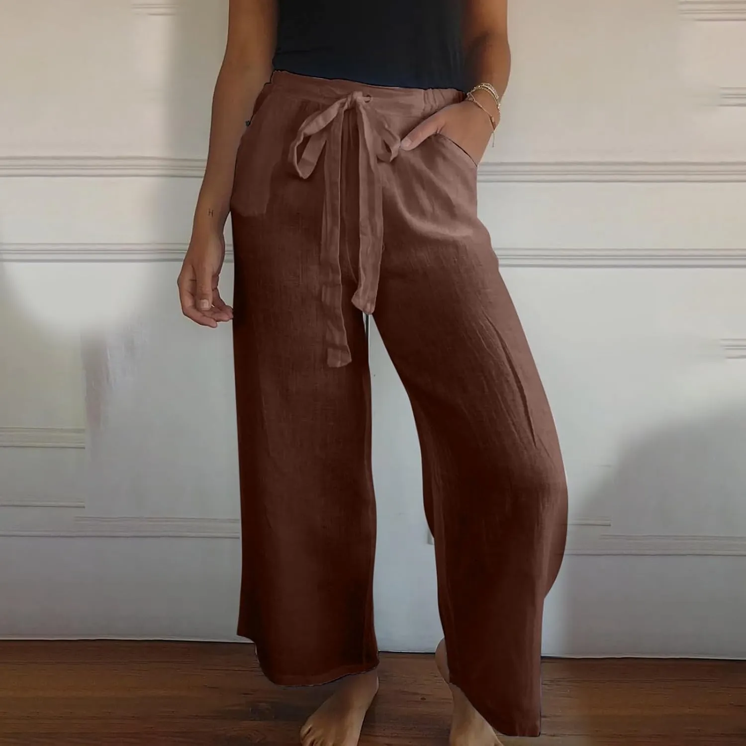 Womens Flowy Loose Wide Leg Linen Pant Summer Beach Casual Trousers high Waist Drawstring Business Work Palazzo Pants