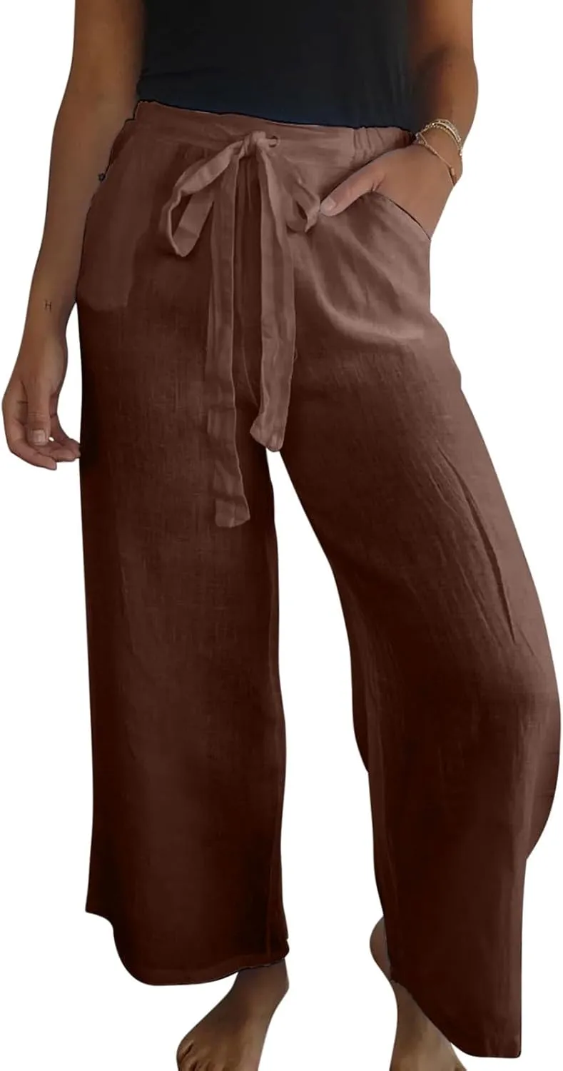 Womens Flowy Loose Wide Leg Linen Pant Summer Beach Casual Trousers high Waist Drawstring Business Work Palazzo Pants