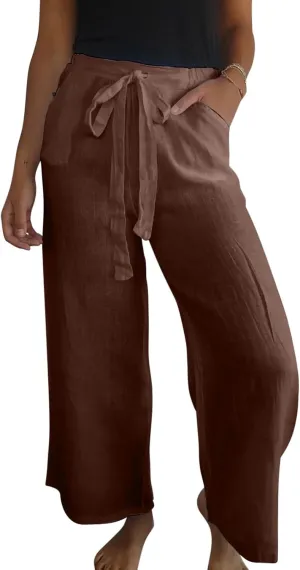 Womens Flowy Loose Wide Leg Linen Pant Summer Beach Casual Trousers high Waist Drawstring Business Work Palazzo Pants