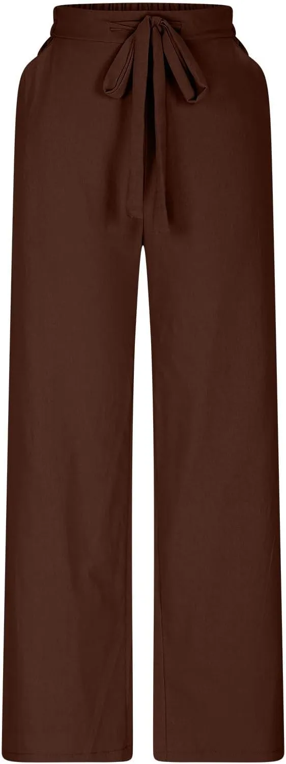 Womens Flowy Loose Wide Leg Linen Pant Summer Beach Casual Trousers high Waist Drawstring Business Work Palazzo Pants