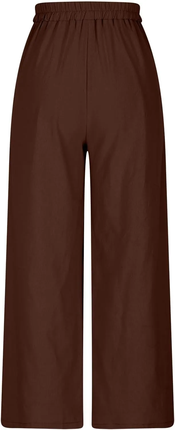 Womens Flowy Loose Wide Leg Linen Pant Summer Beach Casual Trousers high Waist Drawstring Business Work Palazzo Pants