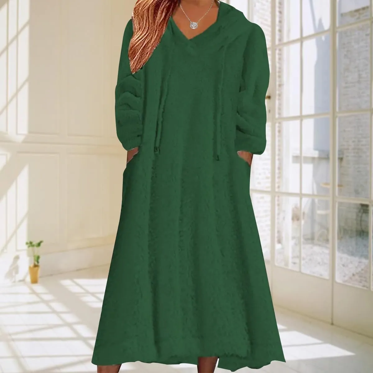 Women's Fuzzy Fleece Hoodie Maxi Dress Fall Winter Casual Long Sleeve Flannel A Line Sherpa Hooded Sweatshirt Dress