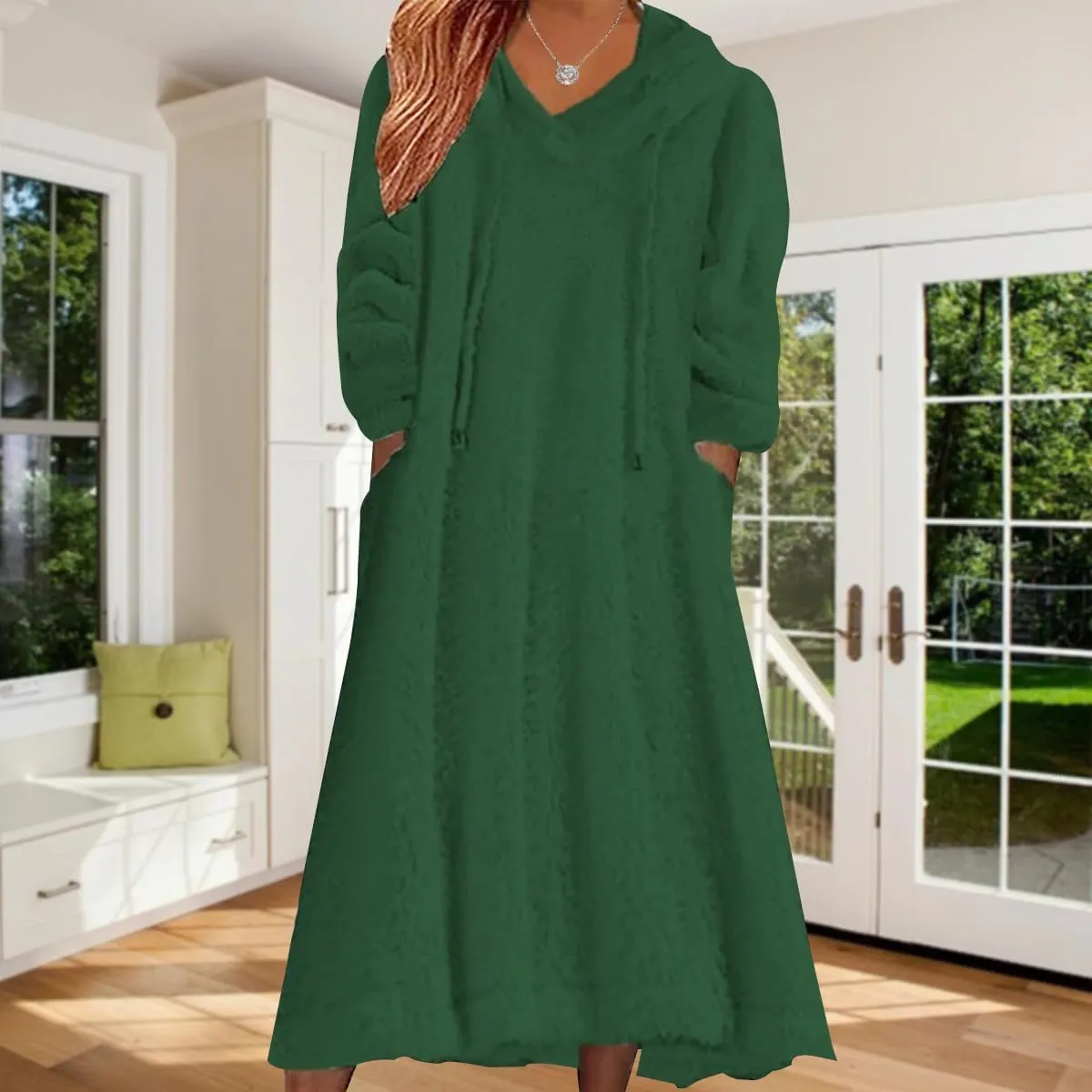 Women's Fuzzy Fleece Hoodie Maxi Dress Fall Winter Casual Long Sleeve Flannel A Line Sherpa Hooded Sweatshirt Dress