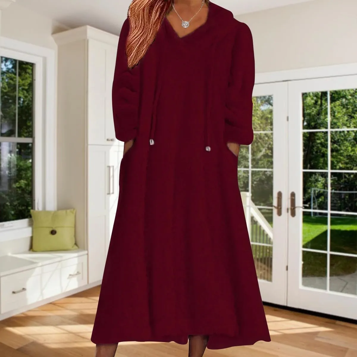 Women's Fuzzy Fleece Hoodie Maxi Dress Fall Winter Casual Long Sleeve Flannel A Line Sherpa Hooded Sweatshirt Dress