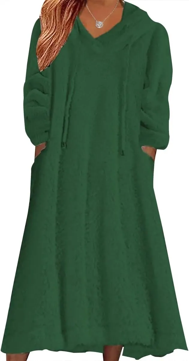 Women's Fuzzy Fleece Hoodie Maxi Dress Fall Winter Casual Long Sleeve Flannel A Line Sherpa Hooded Sweatshirt Dress
