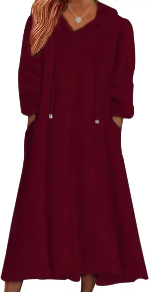Women's Fuzzy Fleece Hoodie Maxi Dress Fall Winter Casual Long Sleeve Flannel A Line Sherpa Hooded Sweatshirt Dress