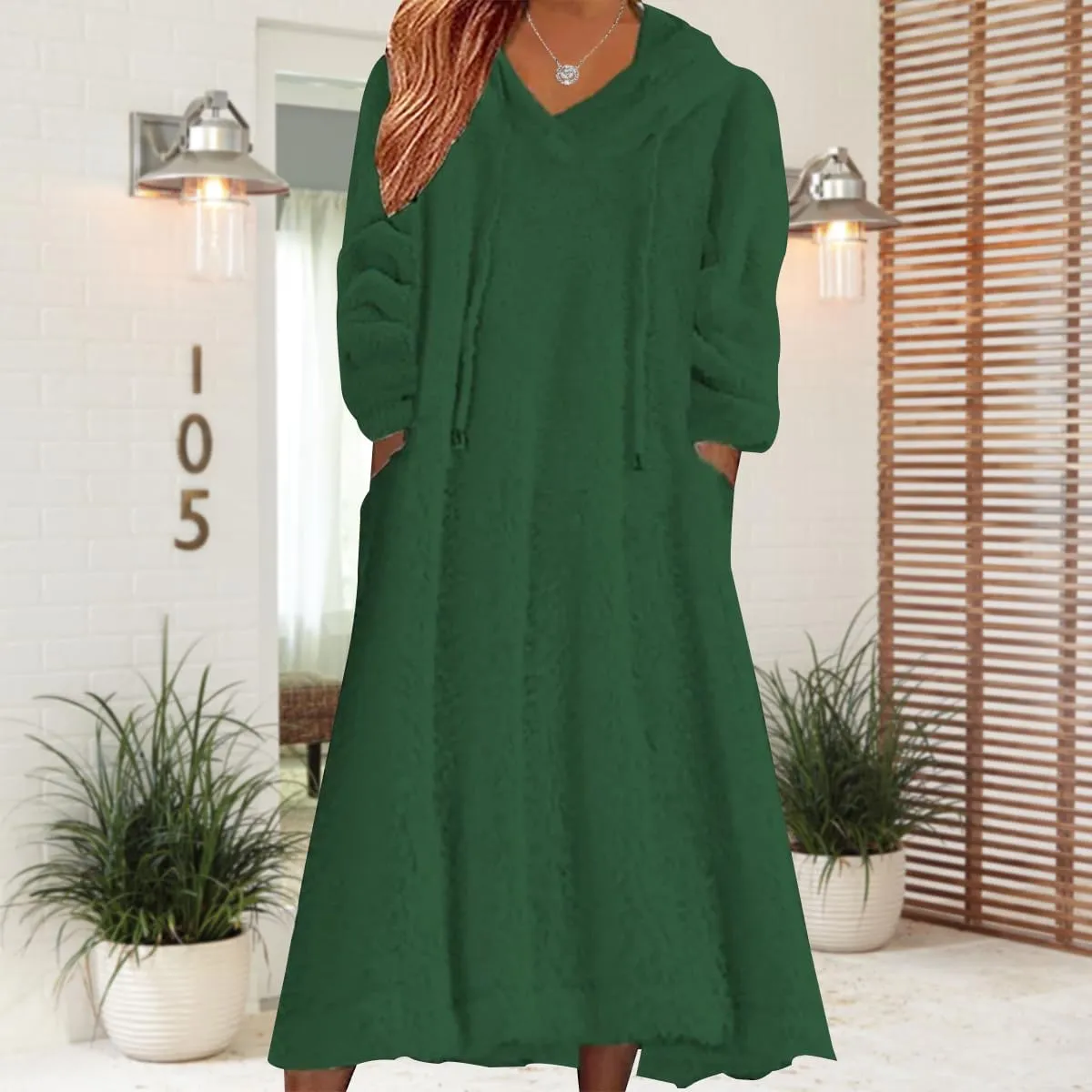 Women's Fuzzy Fleece Hoodie Maxi Dress Fall Winter Casual Long Sleeve Flannel A Line Sherpa Hooded Sweatshirt Dress