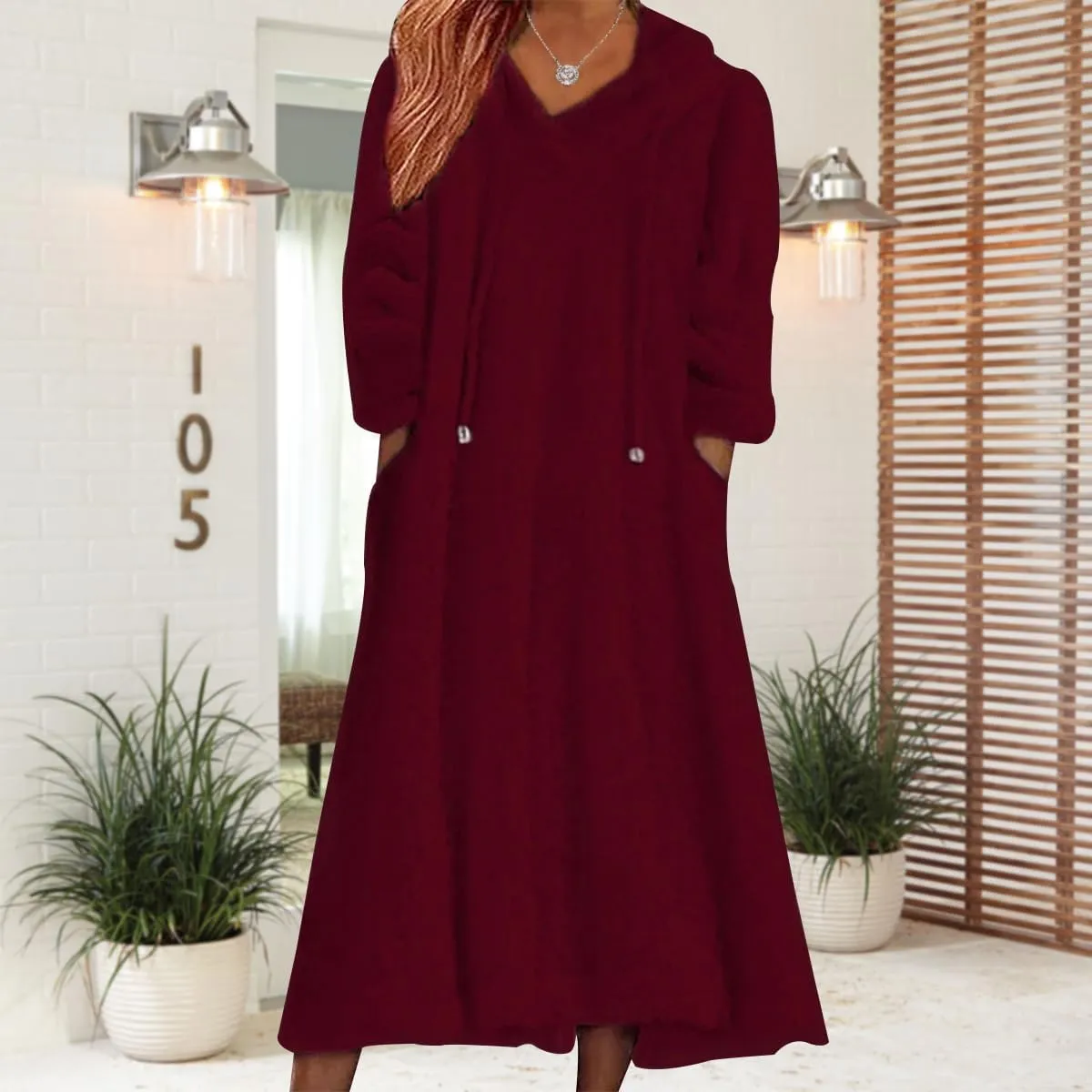 Women's Fuzzy Fleece Hoodie Maxi Dress Fall Winter Casual Long Sleeve Flannel A Line Sherpa Hooded Sweatshirt Dress
