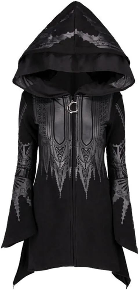 Women's Gothic Hoodie Jackets Punk Coats Goth Long Sleeve Hooded Sweatshirt Zip Up Cardigan Top Outwear