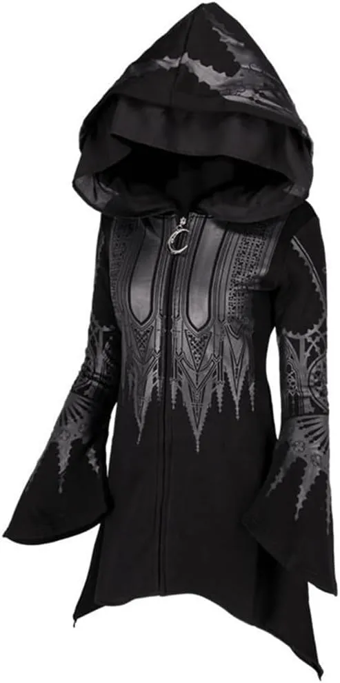 Women's Gothic Hoodie Jackets Punk Coats Goth Long Sleeve Hooded Sweatshirt Zip Up Cardigan Top Outwear