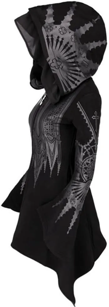 Women's Gothic Hoodie Jackets Punk Coats Goth Long Sleeve Hooded Sweatshirt Zip Up Cardigan Top Outwear
